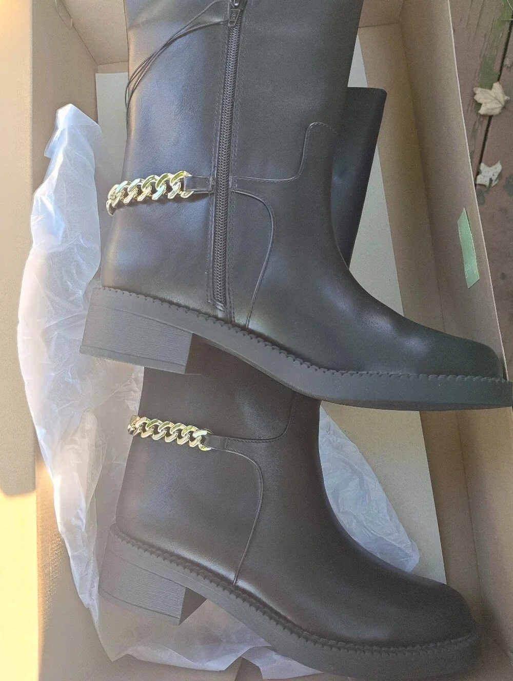 8.5 Black Knee-High Boots With Gold Chain Accent